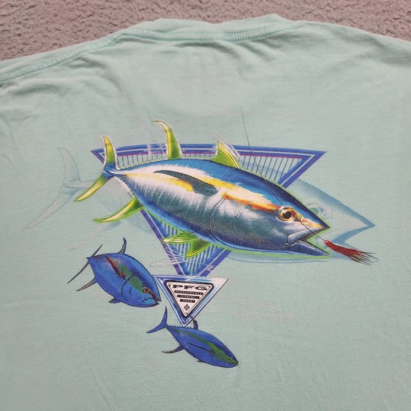 Columbia PFG Shirt Mens Large Green Outdoor Fishing‎ Casual Graphic Tee Spellout - Picture 1 of 10